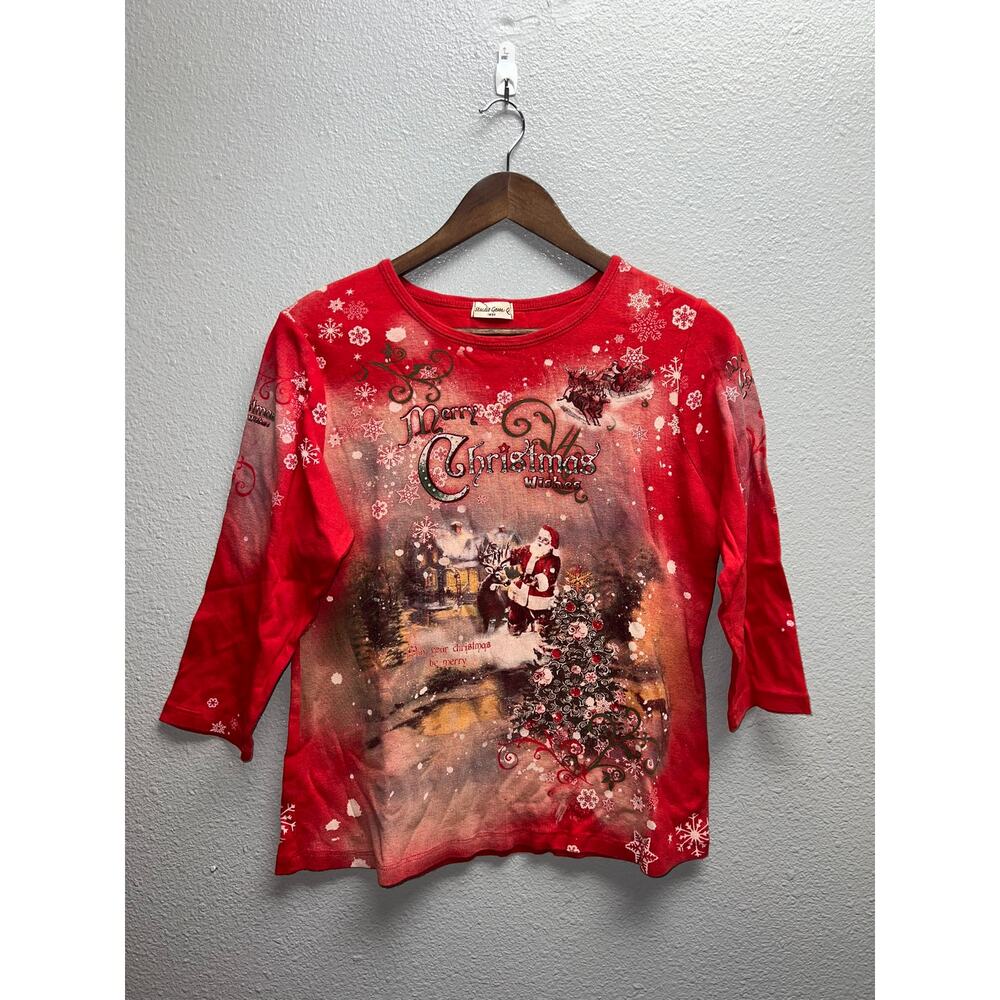 Womens Studio Gem Christmas Shirt Long Sleeve Top Red Christmas Santa Tee L